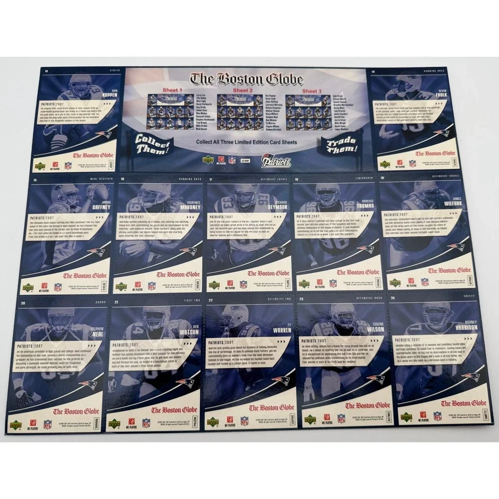 2007 Upper Deck New England Patriots Boston Globe Complete 3 Sheet Set Tom Brady